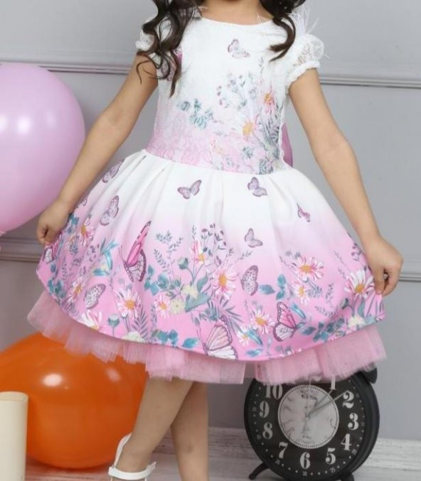 Kız Çocuk Kelebek Baskılı Dantelli Pembe Elbise - 4