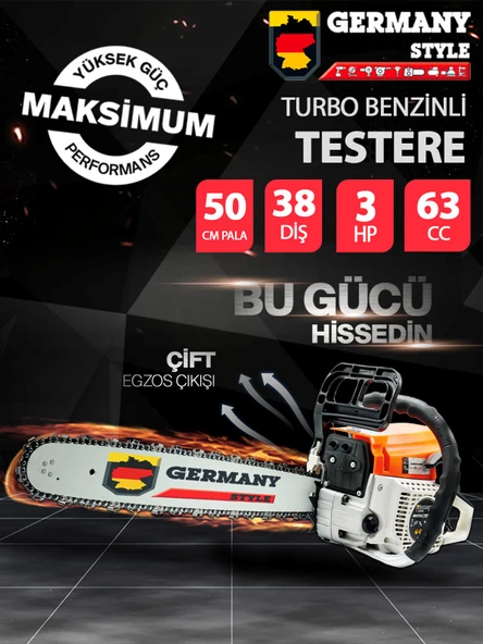Germany Style Alman Turbo Benzinli Testere 15 Hpx 63cc Ağaç Odun Dal Kesme Makinesi HEDİYELİ - 3