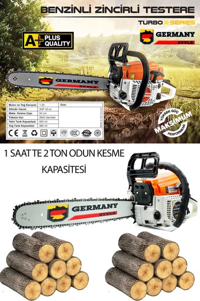 Germany Style Alman Turbo Benzinli Testere 15 Hpx 63cc Ağaç Odun Dal Kesme Makinesi HEDİYELİ - 5
