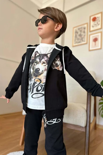 Erkek Çocuk Kurt Digital Baskılı Kazak Wolf Yazı Detaylı Kapüşonlu Siyah Ceket Eşofman Takım - 3