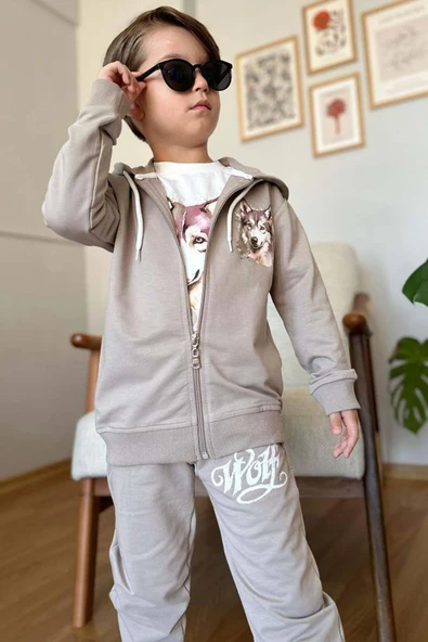 Erkek Çocuk Kurt Digital Baskılı Kazak Wolf Yazı Detaylı Kapüşonlu Krem Ceket Eşofman Takım - 2