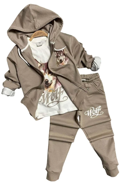 Erkek Çocuk Kurt Digital Baskılı Kazak Wolf Yazı Detaylı Kapüşonlu Krem Ceket Eşofman Takım - 4