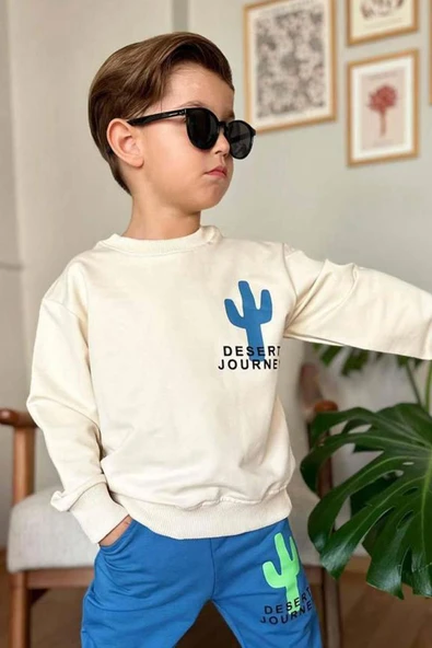 Erkek Çocuk Çift Taraflı Kaktüs Baskılı Kazak Mavi Eşofman Takım - 2