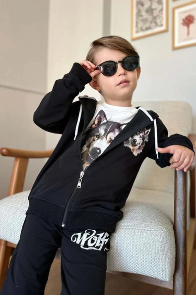 Erkek Çocuk Kurt Digital Baskılı Kazak Wolf Yazı Detaylı Kapüşonlu Siyah Ceket Eşofman Takım - 2