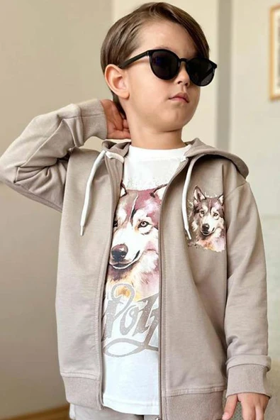 Erkek Çocuk Kurt Digital Baskılı Kazak Wolf Yazı Detaylı Kapüşonlu Krem Ceket Eşofman Takım - 3