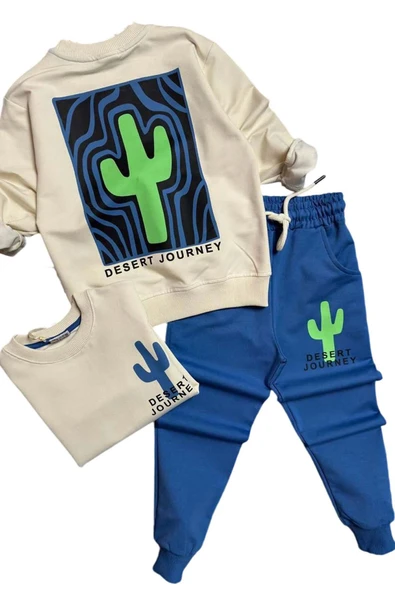 Erkek Çocuk Çift Taraflı Kaktüs Baskılı Kazak Mavi Eşofman Takım - 4
