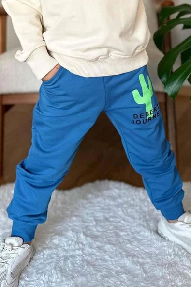 Erkek Çocuk Çift Taraflı Kaktüs Baskılı Kazak Mavi Eşofman Takım - 3