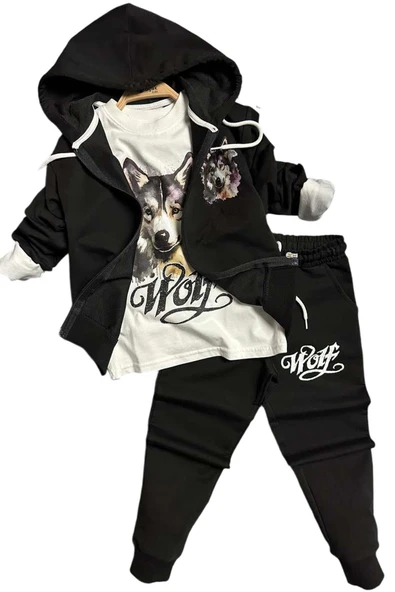 Erkek Çocuk Kurt Digital Baskılı Kazak Wolf Yazı Detaylı Kapüşonlu Siyah Ceket Eşofman Takım - 4