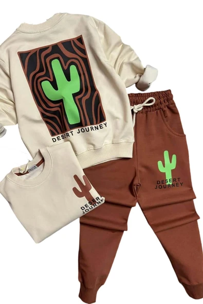 Erkek Çocuk Çift Taraflı Kaktüs Baskılı Kazak Kiremit Eşofman Takım - 3