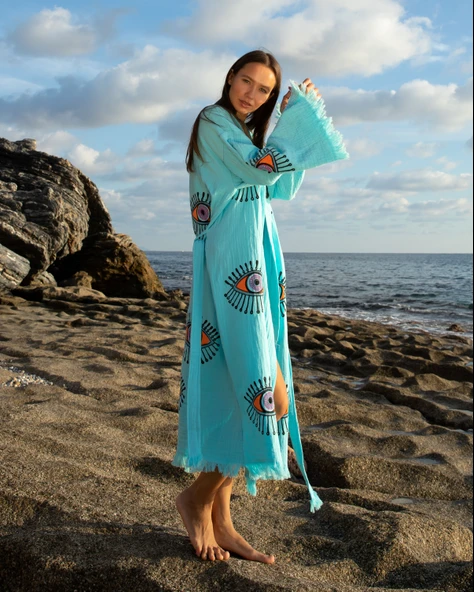 Bornoz ,Plaj Kıyafeti,Kimono , Kaftan ,Sabahlık  Turkuaz Kumaş Turuncu Nazar Göz Baskılı - 12