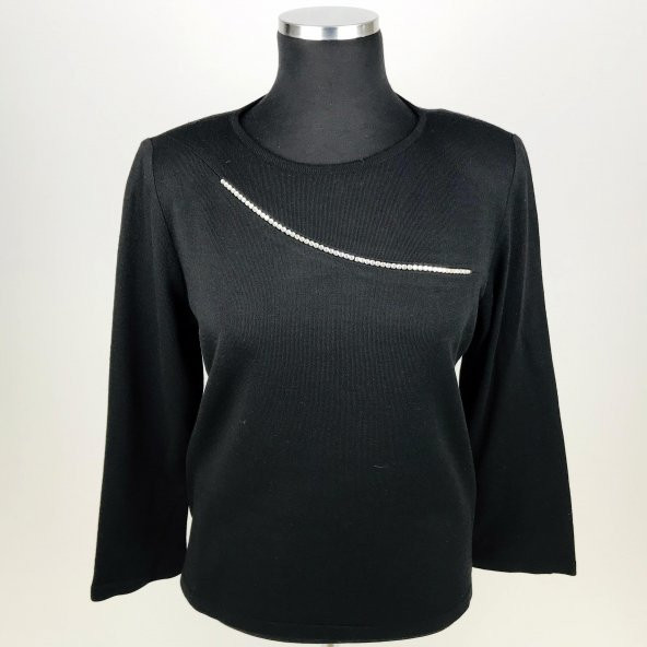 SNY Yuvarlak Yaka Taş İşlemeli Yünlü Büyük Beden Kadın Bluz - 4