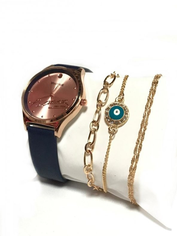 K.Atatürk İmzalı Lacivert Deri Kordonlu Kadın Kol Saati Seti MG1970 - 2