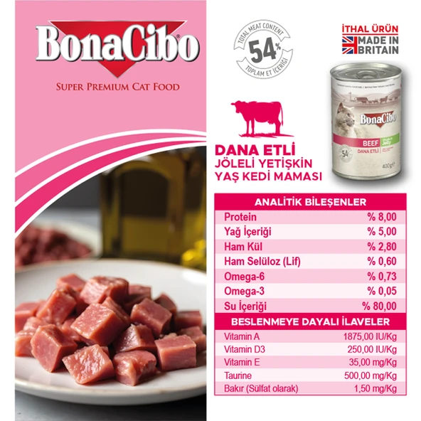 BonaCibo Jöleli Dana Etli Yaş Kedi Maması Yetişkin Kediler için Tam Yaş Mama 400 gr x 6 Adet - 3