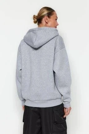 Üç İplik Kapüşonlu Sweatshirt Melanj Gri - Resim 2