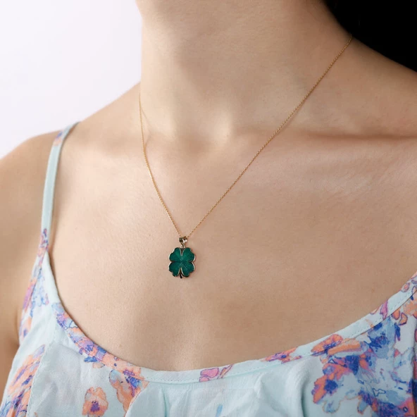 14 Ayar Kalp'li Yonca Altın Kolye Mine Tasarım 1.5 cm