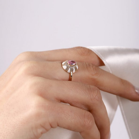 White Altın Yüzük 14 Ayar Mineli Ovals - 2