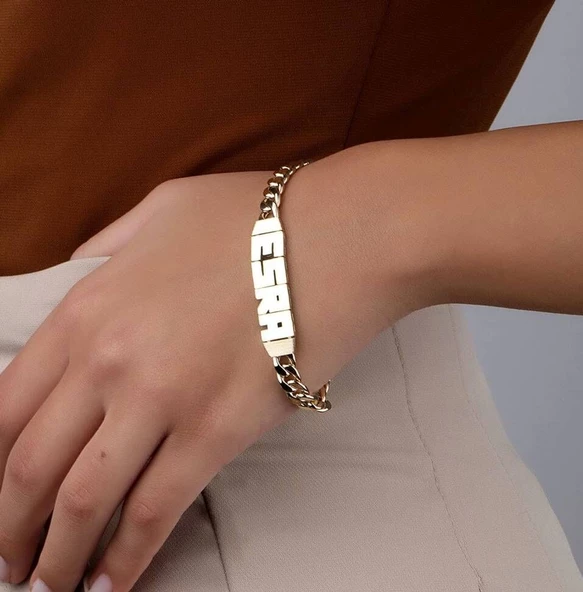 Kişiye Özel İsimli Altın Bileklik 14 Ayar Gurmet Zincir - Resim 2