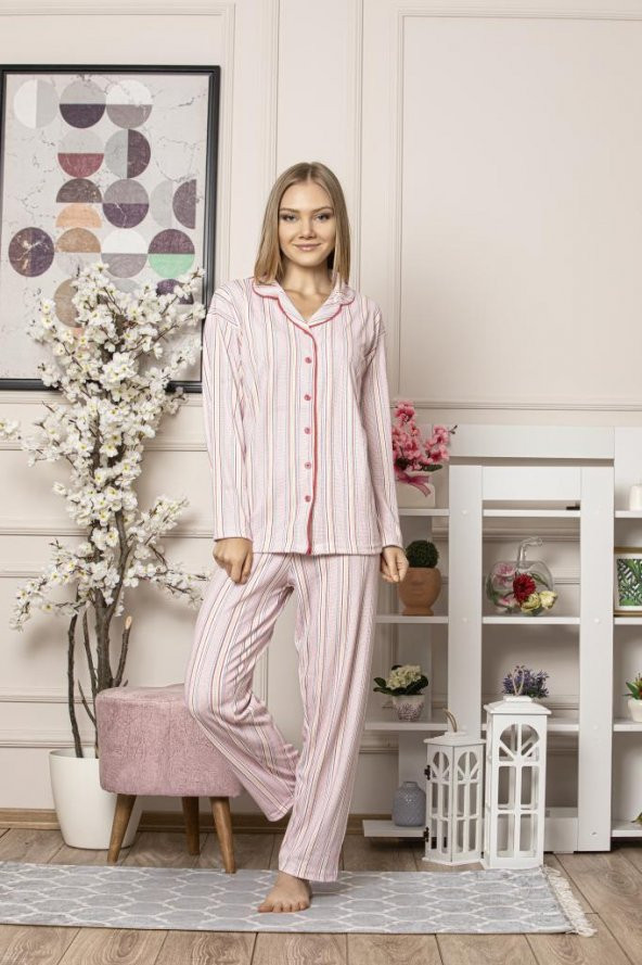 Kadın Pijama Takımı Boydan Düğmeli Çizgili Takım Tampap 3210