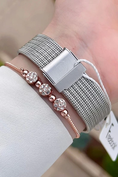 Freelook FLISTE39 Rose Gümüş Renk Hediye Paketli 5 ATM Fonksiyonlu Kadın Kol Saati ve Bileklik - Resim 5