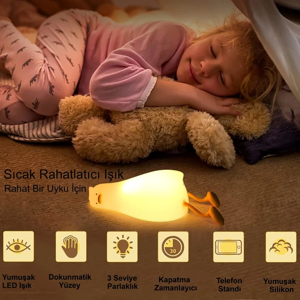HyMark Sevimli Silikon Dokunmatik LED Ördek Gece Lambası Şarjlı Kısılabilir Dekoratif - Resim 3