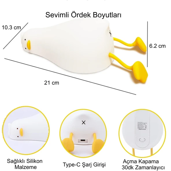 HyMark Sevimli Silikon Dokunmatik LED Ördek Gece Lambası Şarjlı Kısılabilir Dekoratif - 7