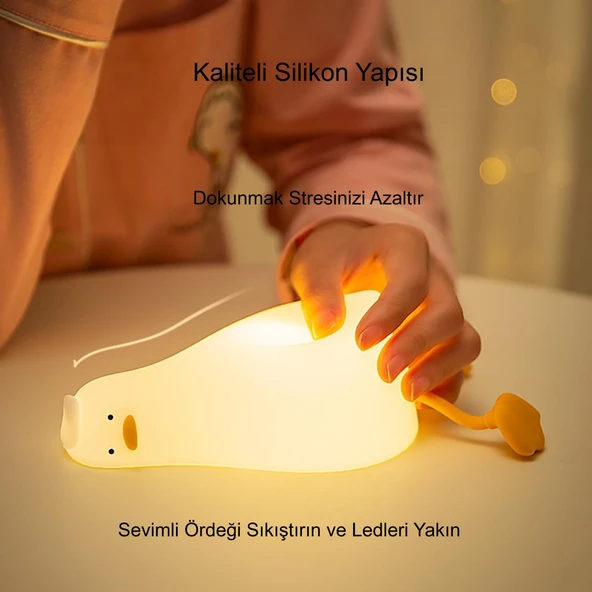HyMark Sevimli Silikon Dokunmatik LED Ördek Gece Lambası Şarjlı Kısılabilir Dekoratif - Resim 6