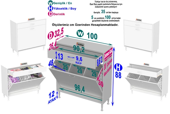 Modilayn EMİR 100x88x32,5 cm 3 Göz Sepetli kirli çamaşır pratik  düzenleyici dolap - Resim 4