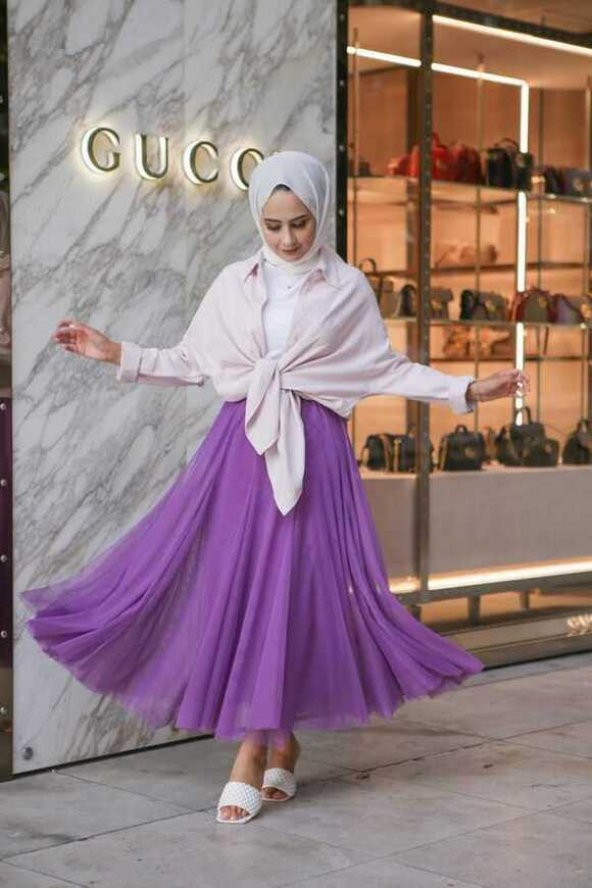 Tül Detaylı Tesettür Etek Lila - 5