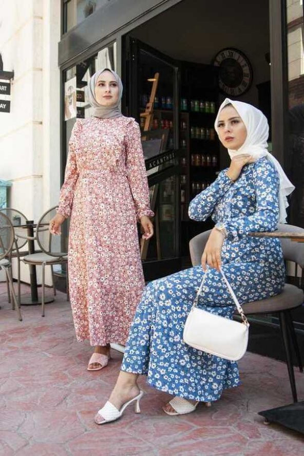 Önü Fırfır Detaylı Tesettür Elbise Mavi - 7