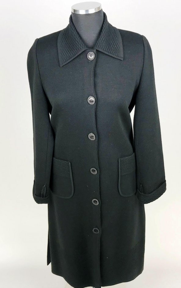 SNY Mono Yaka Çelik Örgü Uzun Siyah Kadın Yünlü Triko Palto - 5