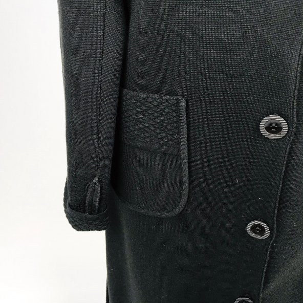 SNY Mono Yaka Çelik Örgü Uzun Siyah Kadın Yünlü Triko Palto - 7