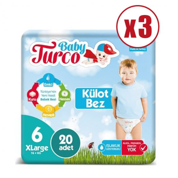 Baby Turco Külot Bebek Bezi 6 Numara 20'li x 3 Paket