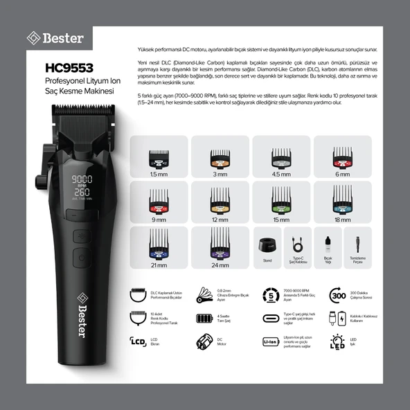 Bester HC9553 Profesyonel Lityum Ion Saç Kesme Makinesi - Resim 5
