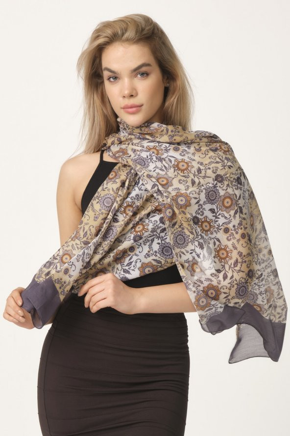 Kahverengi Papatya Desenli Şal - Resim 3