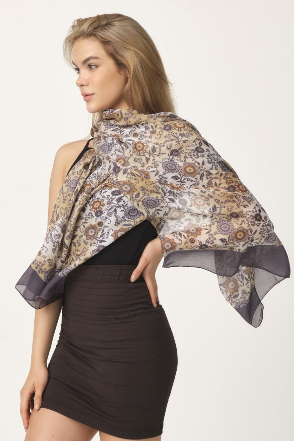 Kahverengi Papatya Desenli Şal - Resim 4