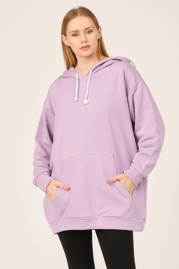 Kadın Lila Sweat Kapüşonlu Kanguru Cep - Resim 3