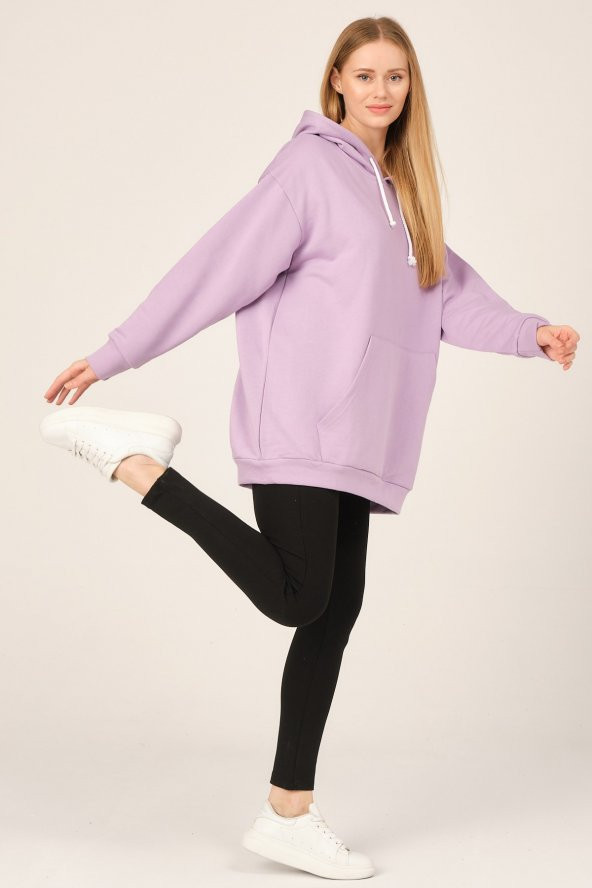 Kadın Lila Sweat Kapüşonlu Kanguru Cep - Resim 4
