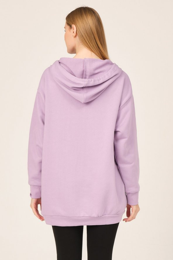 Kadın Lila Sweat Kapüşonlu Kanguru Cep - Resim 5