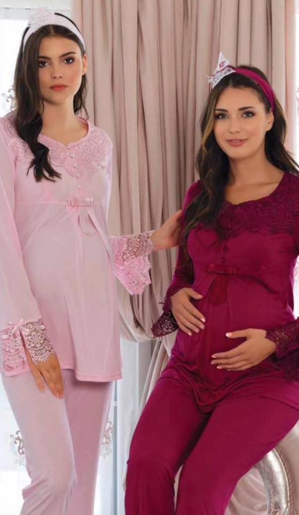 MECİT 5014 FUŞYA HAMİLE LOHUSA DANTEL DEAYLI LOHUSA PİJAMASI
