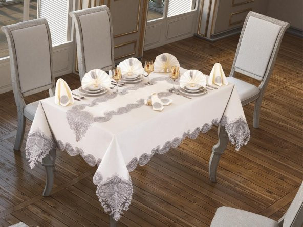Verna Masa Örtüsü 160x260 Cm 26 Parça Krem Silver