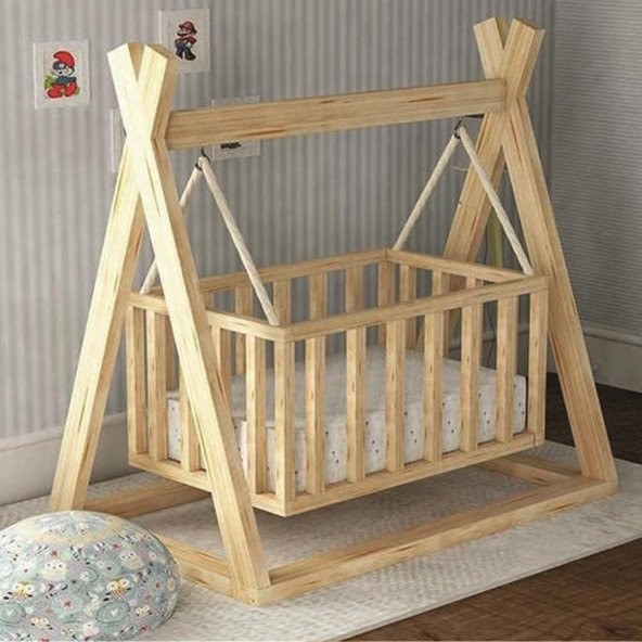 Montessori Ahşap Beşik Bebek Beşiği Sallanır Doğal Organik