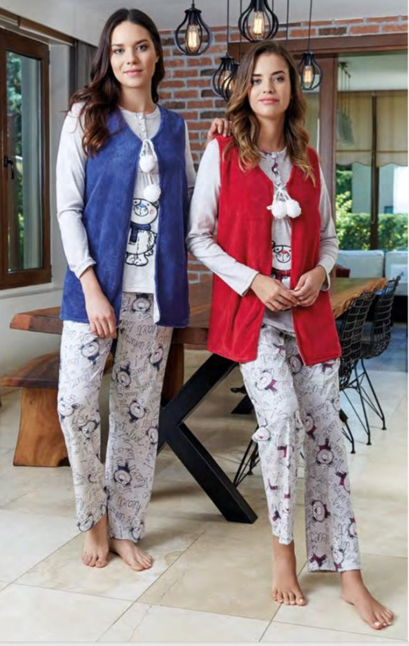 BONE CLUB 4612 MAVİ YELEKLİ SPOR HAMİLE LOHUSA 3 LÜ PİJAMA YELEK TAKIM