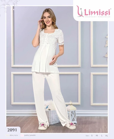 LİMİSSİ 2091 MAVİ Yeni Sezon Dantelli Hamile Lohusa Pijama Takımı