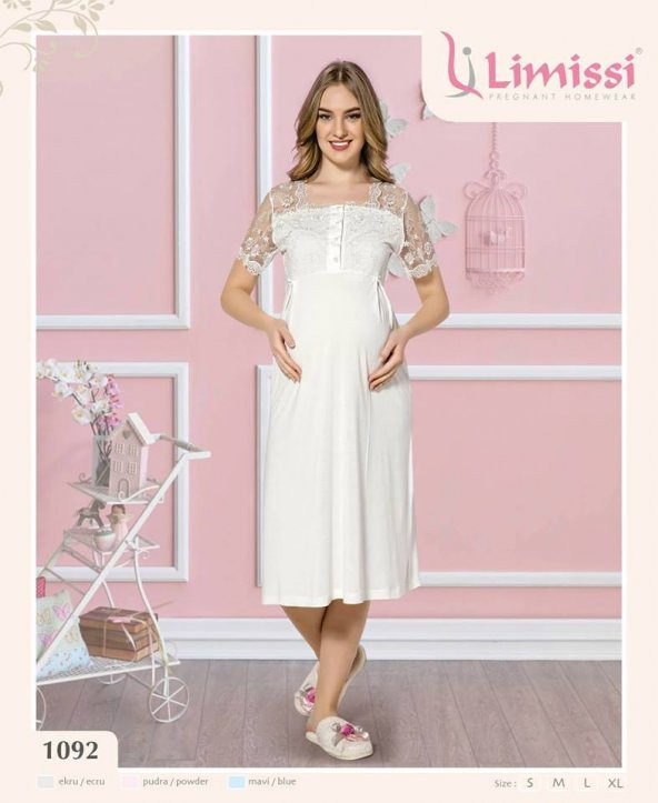 LİMİSSİ 1092 ECRU Hamile Lohusa Dantelli Yeni  Sezon Lohusa Geceliği
