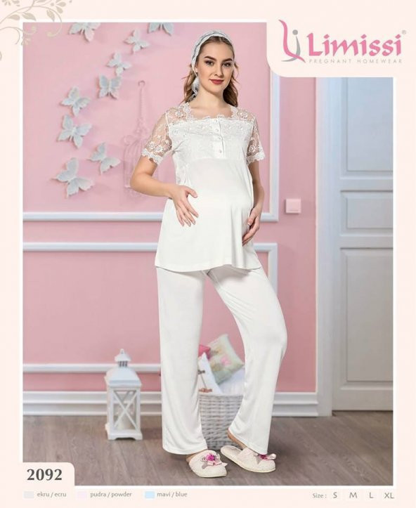 LİMİSSİ 2092  MAVİ Hamile  Lohusa Yeni Sezon DantelliLohusa Pijama