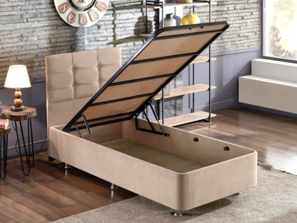 Niron Polo Baza ve Başlık Seti - 90x190 cm Tek Kişilik Sütlü Kahve Kumaş Baza ve Başlığı Soho Kumaş