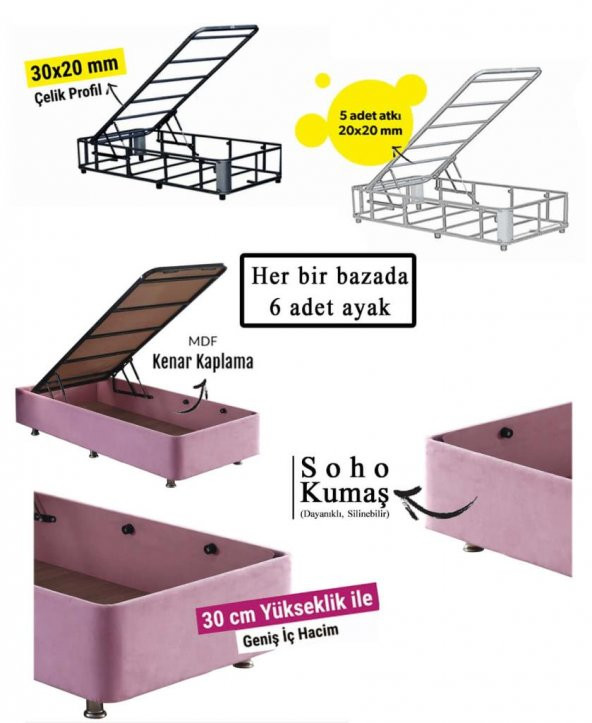 Pinky Baza - 90x190 cm Tek Kişilik Sandıklı Pembe Kumaş Özel Baza Silinebilir Soho Kumaş Niron - 5