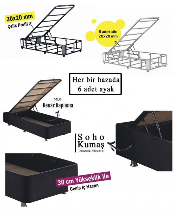 Niron Ela Baza -160x200 cm Çift Kişilik Sandıklı Siyah Kumaş Baza Silinebilir Soho Kumaş - 3