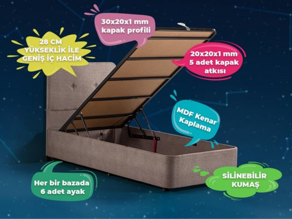 Luna Baza ve Başlık Seti - 100x200 cm Tek Kişilik Kumaş Baza Seti - 7