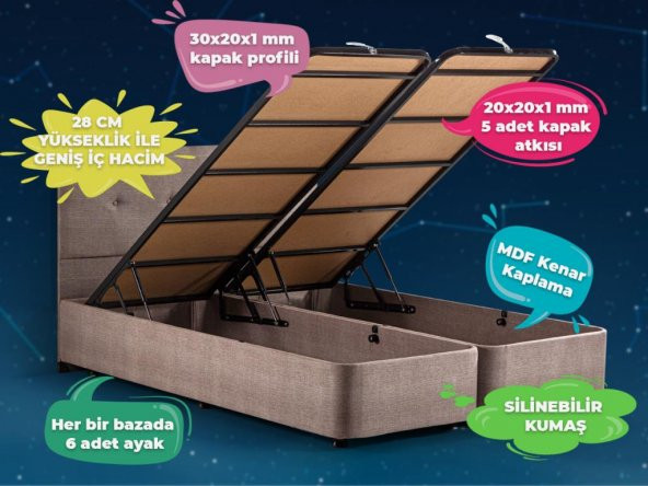 Niron  Luna Baza ve Başlık Seti - 180x200 cm Çift Kişilik Sandıklı Kumaş Baza Seti - 6